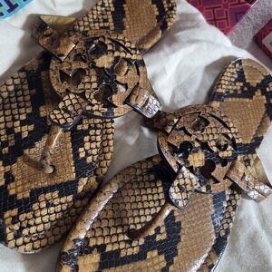 Tory Burch Tan and Black Reptile Sandals